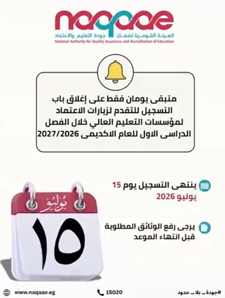 الهيئة القومية لضمان جودة التعليم والاعتماد: يومان على غلق باب التقدم لاعتماد مؤسسات التعليم العالي للفصل الدراسي الأول 2026/2027