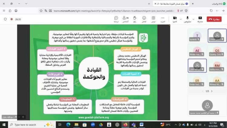 جامعة قنا تواصل تدريب فرق الجودة على معيار القيادة والحوكمة عبر «منصة جودة»